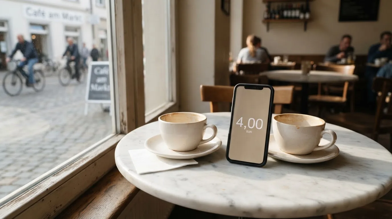Zwei Kaffeetassen und ein dunkles Smartphone stehen auf einem Café-Tisch am Fenster im Morgenlicht.