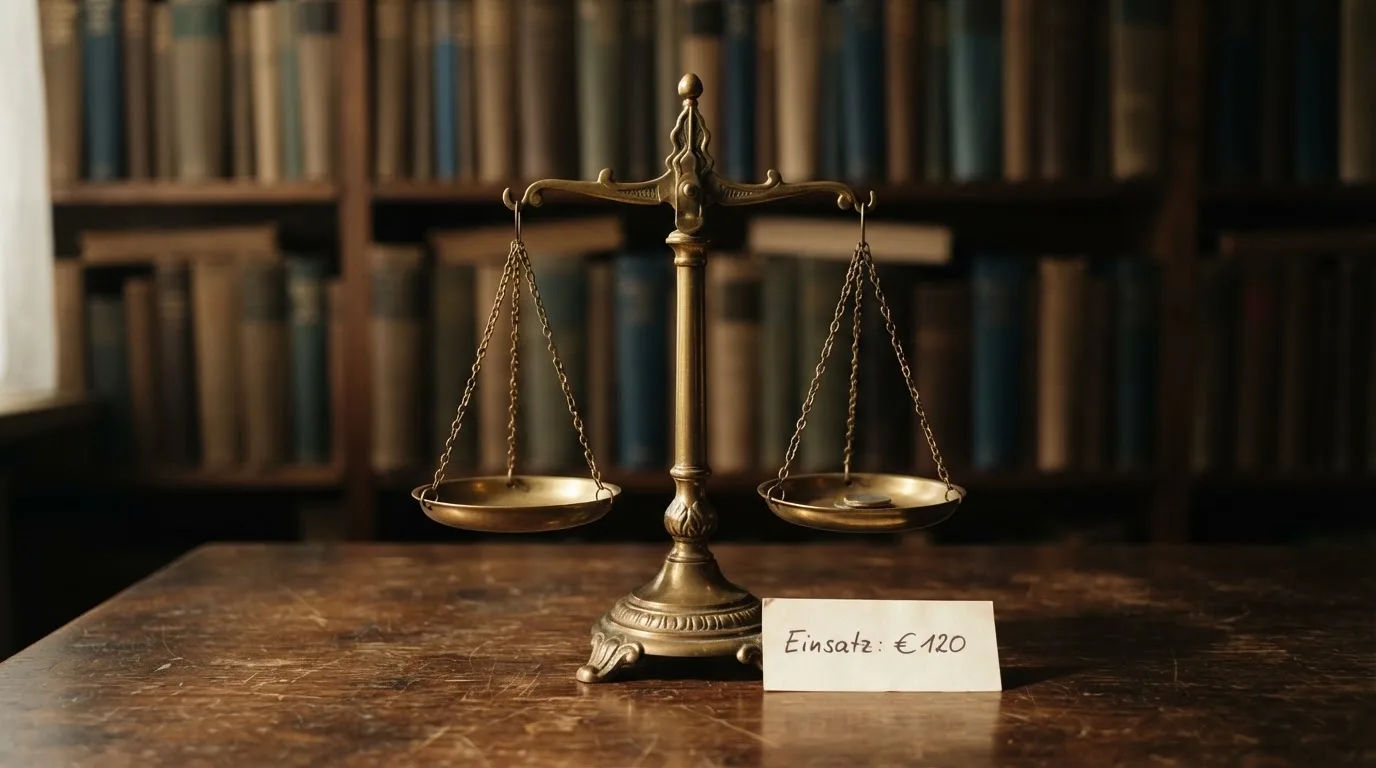 Eine Messingwaage steht auf einem dunklen Holztisch, dahinter eine unscharfe Regalwand mit geschlossenen Büchern.