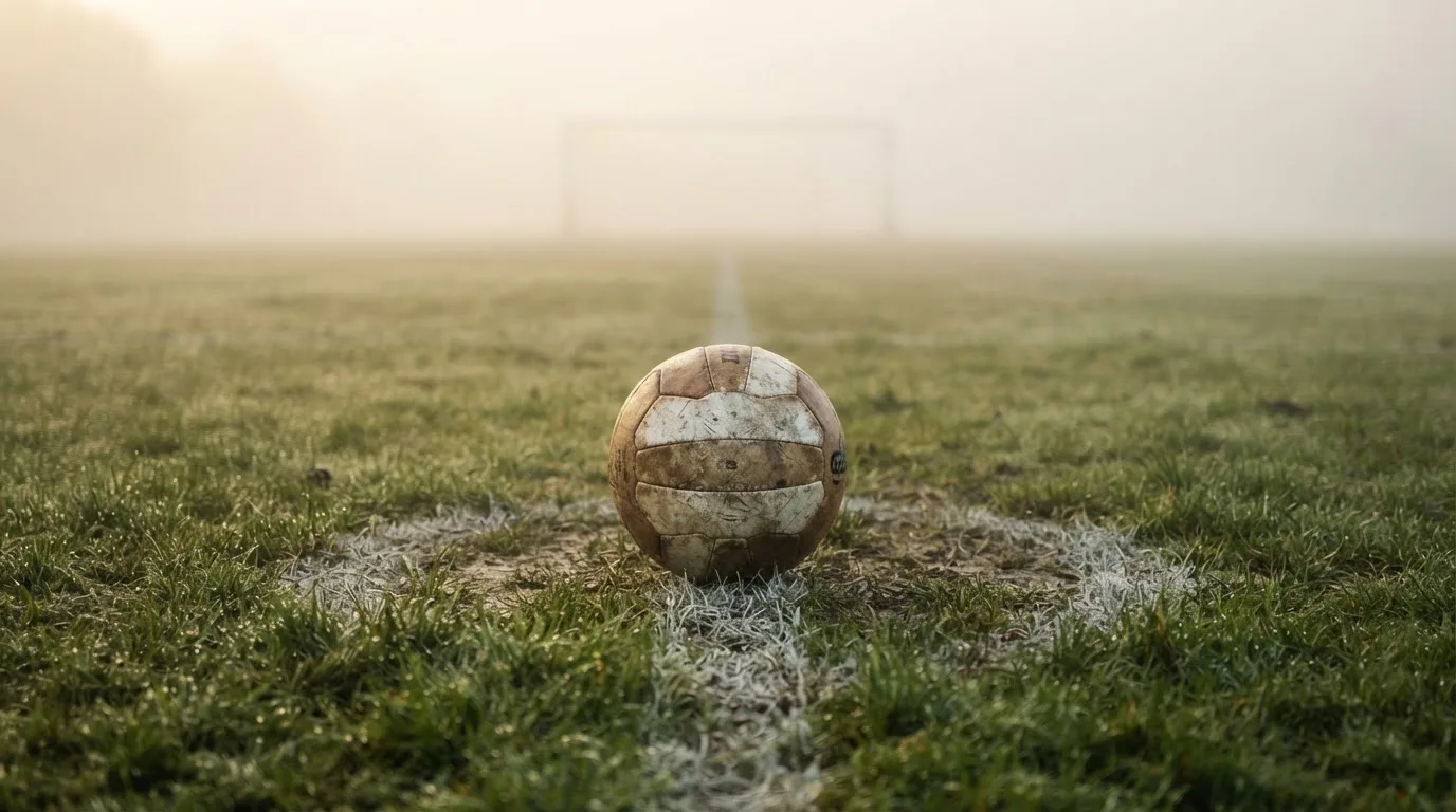 Ein abgewetzter Fußball liegt auf dem Anstoßkreis eines Naturrasens im Morgennebel.