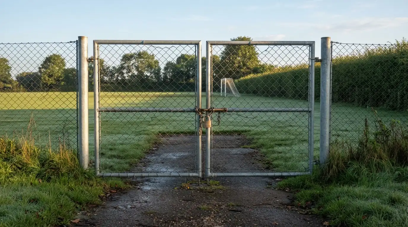 Ein geschlossenes Tor an einem Zaun mit Vorhängeschloss im Morgenlicht, dahinter ein einfacher Sportplatz.