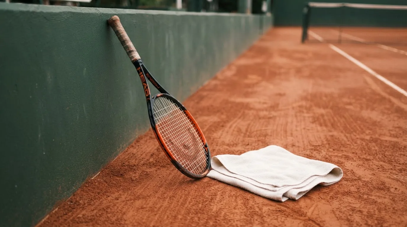 Ein Tennisschläger lehnt an einer dunkelgrünen Bande ohne Aufschrift auf einem Sandplatz, daneben liegt ein Handtuch.