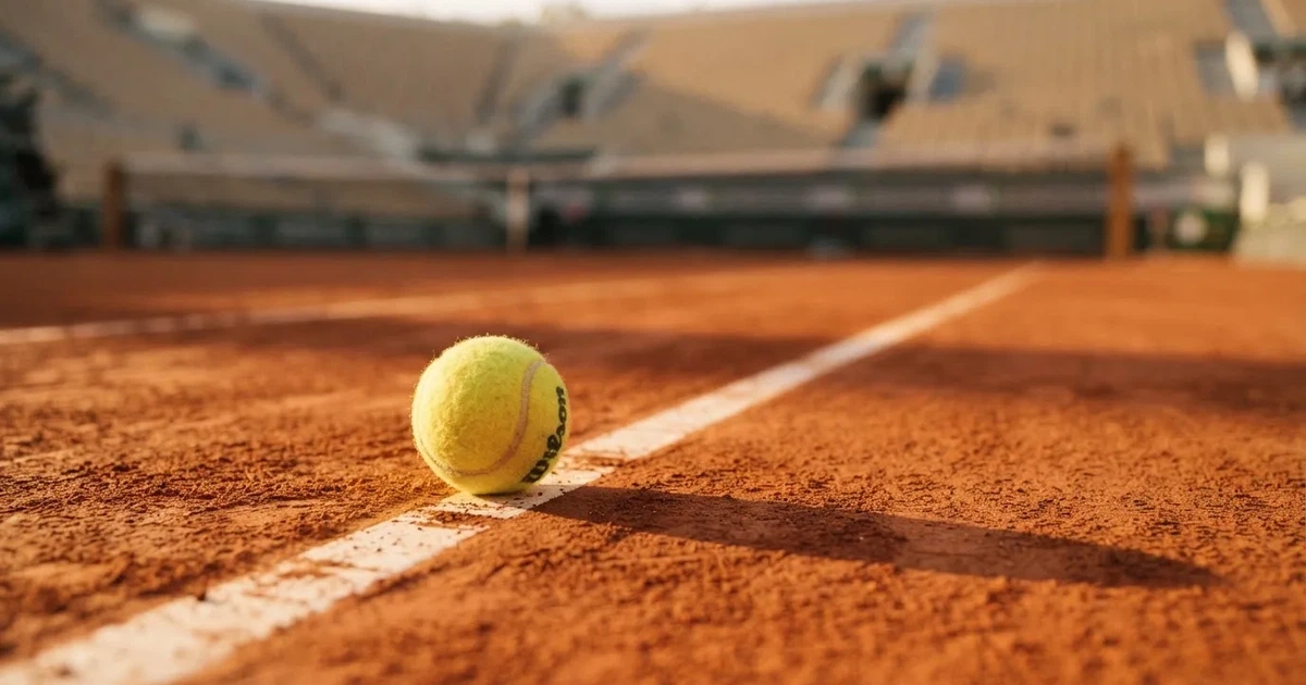 Ein Sandplatz mit rötlichem Belag und gezogenen weißen Linien, ein einzelner Tennisball liegt neben der Linie, im Hintergrund eine leere Tribüne.