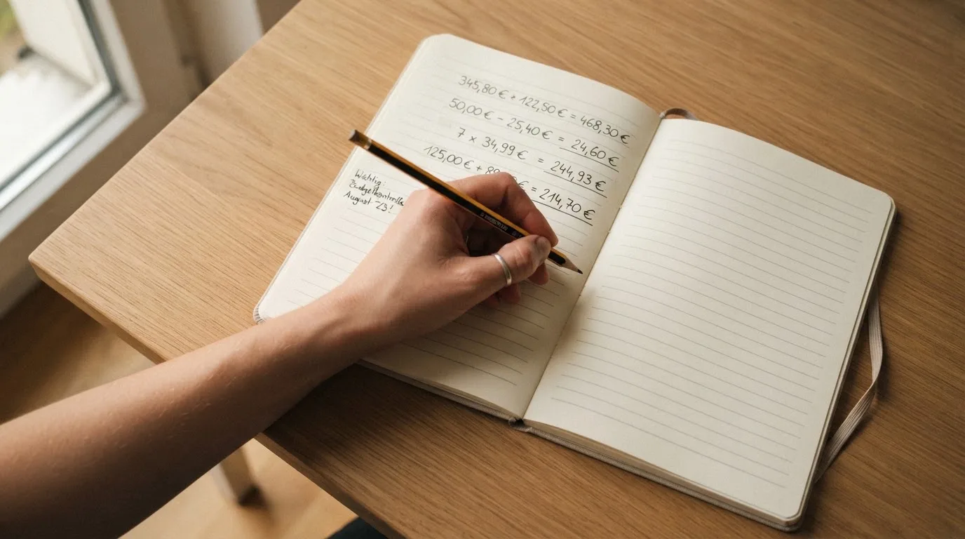 Ein Taschenrechner und ein Bleistift liegen auf einem Schreibtisch neben einem aufgeschlagenen Notizbuch mit handschriftlichen Zahlenreihen.