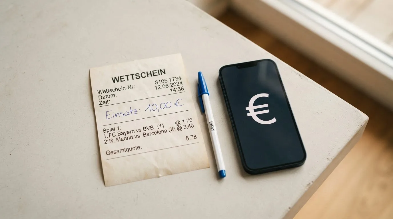 Ein leerer Papier-Wettschein liegt neben einem Smartphone mit dunklem Display auf einer hellen Tischplatte, daneben ein Kugelschreiber.