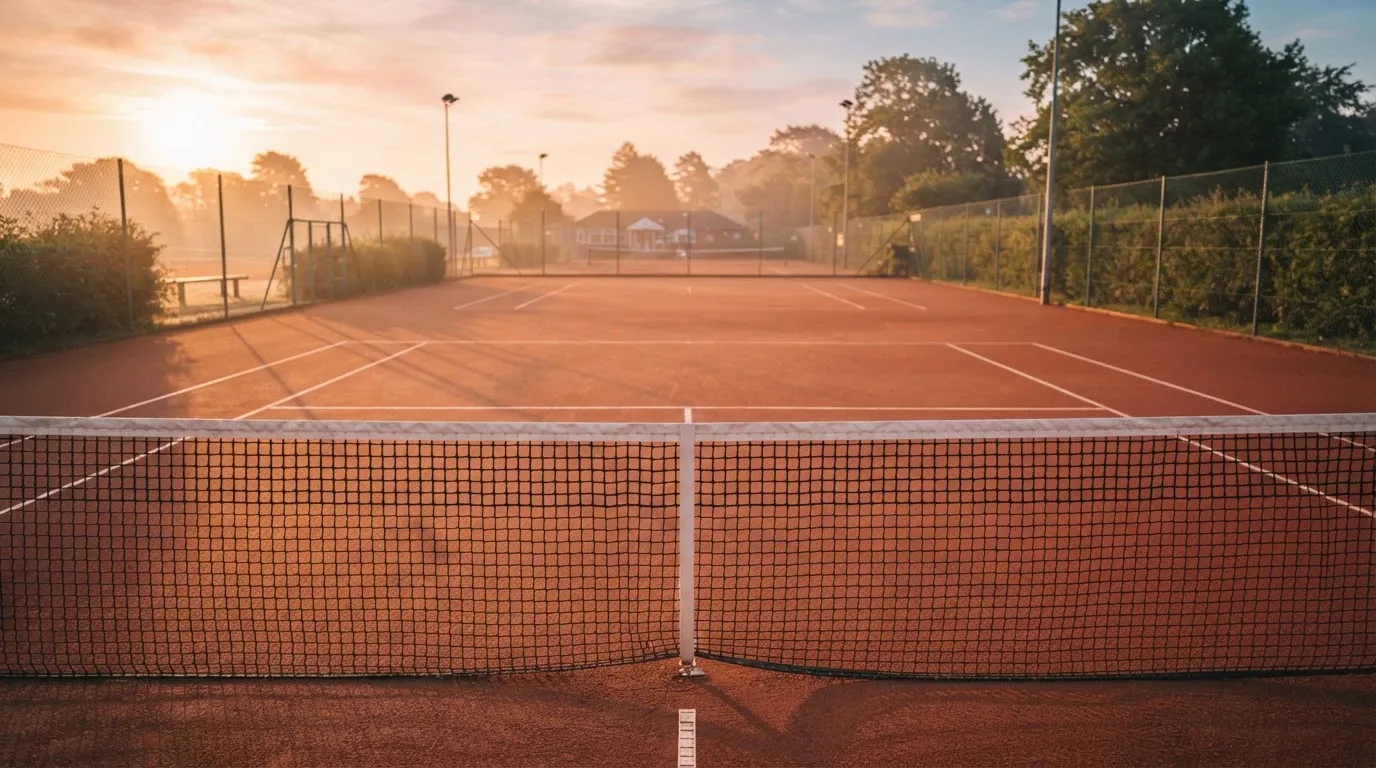 Ein Tennisplatz bei Sonnenaufgang, Netz und Grundlinien im weichen Licht, niemand ist zu sehen.