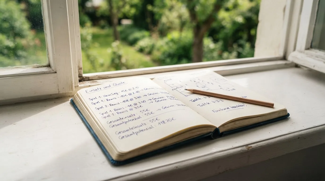 Ein aufgeschlagenes Notizbuch mit handschriftlichen Skizzen und ein Bleistift liegen auf einer Fensterbank im Tageslicht.