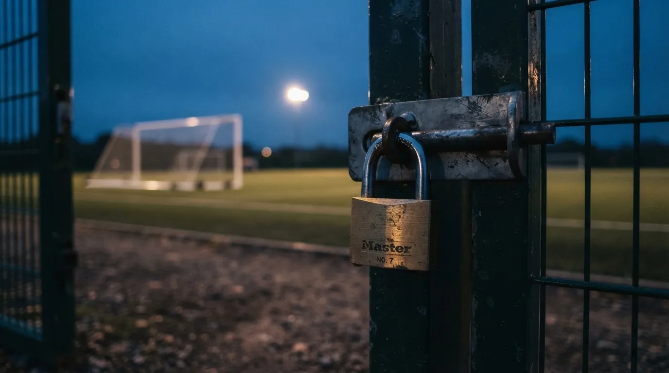 Ein Vorhängeschloss hängt an einem Metalltor, dahinter ein unscharfer Fußballplatz in der Dämmerung.