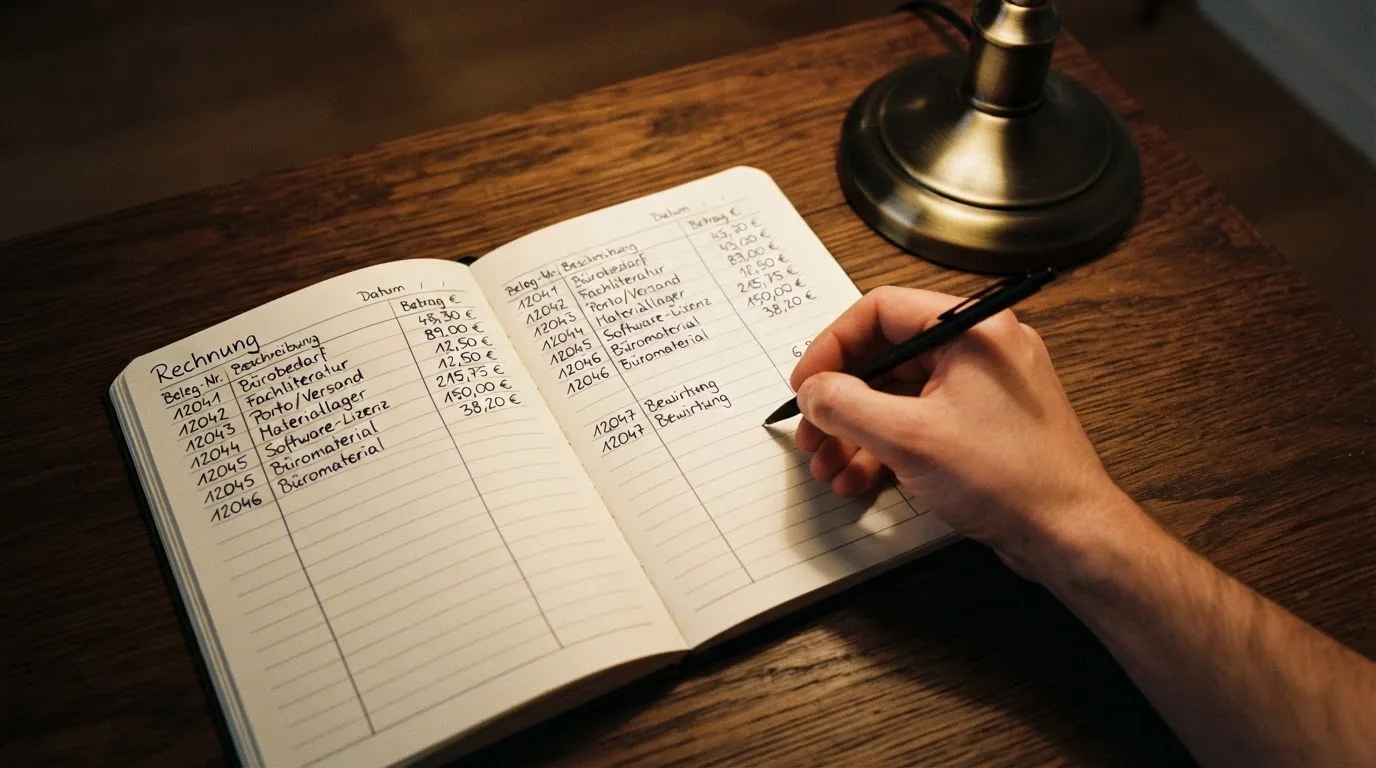 Ein Taschenrechner und ein Notizbuch mit handschriftlichen Zahlenreihen liegen auf einem Schreibtisch unter einer Lampe.