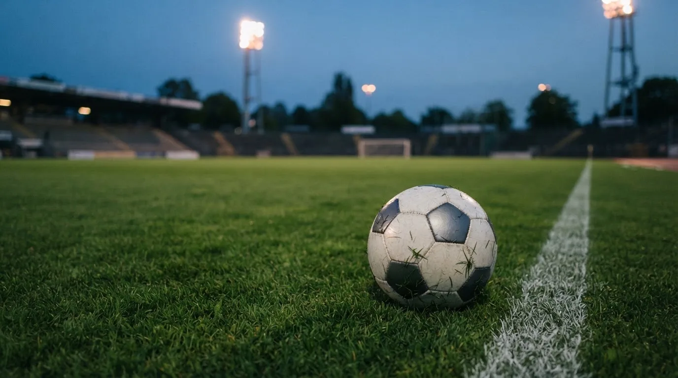 Ein Fußball liegt im Gras eines leeren Platzes, im Hintergrund stehen Flutlichtmasten in der Dämmerung.