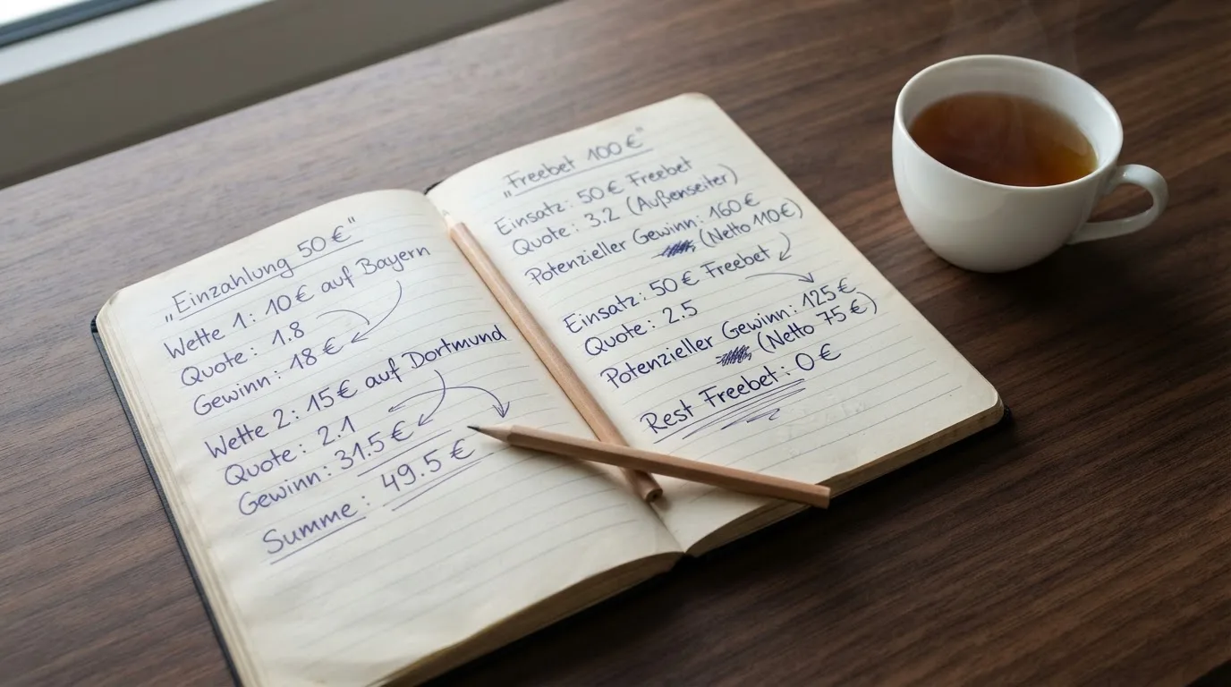 Ein aufgeschlagenes Notizbuch mit handschriftlichen Skizzen und ein Bleistift liegen auf einem Schreibtisch neben einer Tasse Tee.