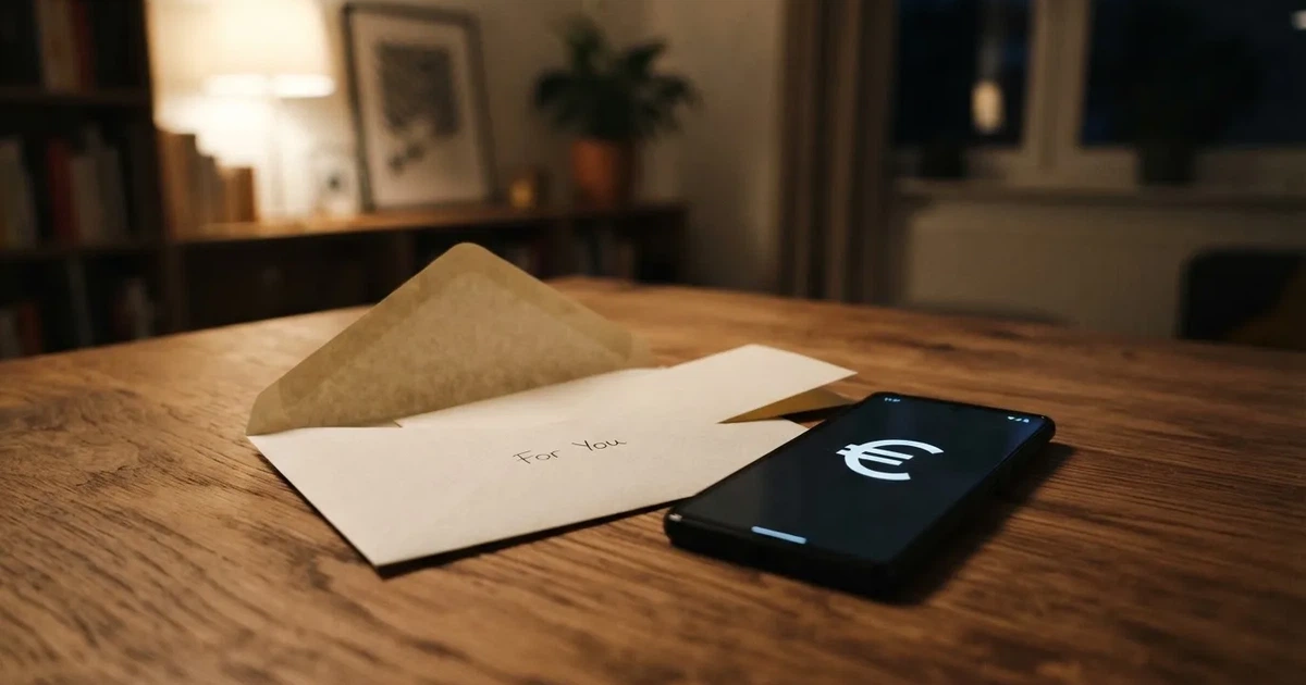 Ein leerer Umschlag und eine Münze liegen auf einer Tischplatte neben einem Smartphone mit dunklem Display.