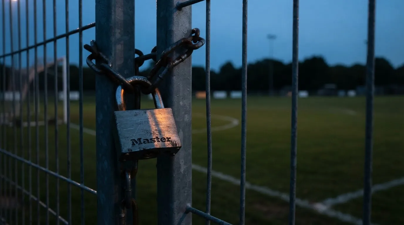 Ein Vorhängeschloss hängt an einem Metalltor in der Dämmerung, im Hintergrund unscharf ein Fußballplatz.