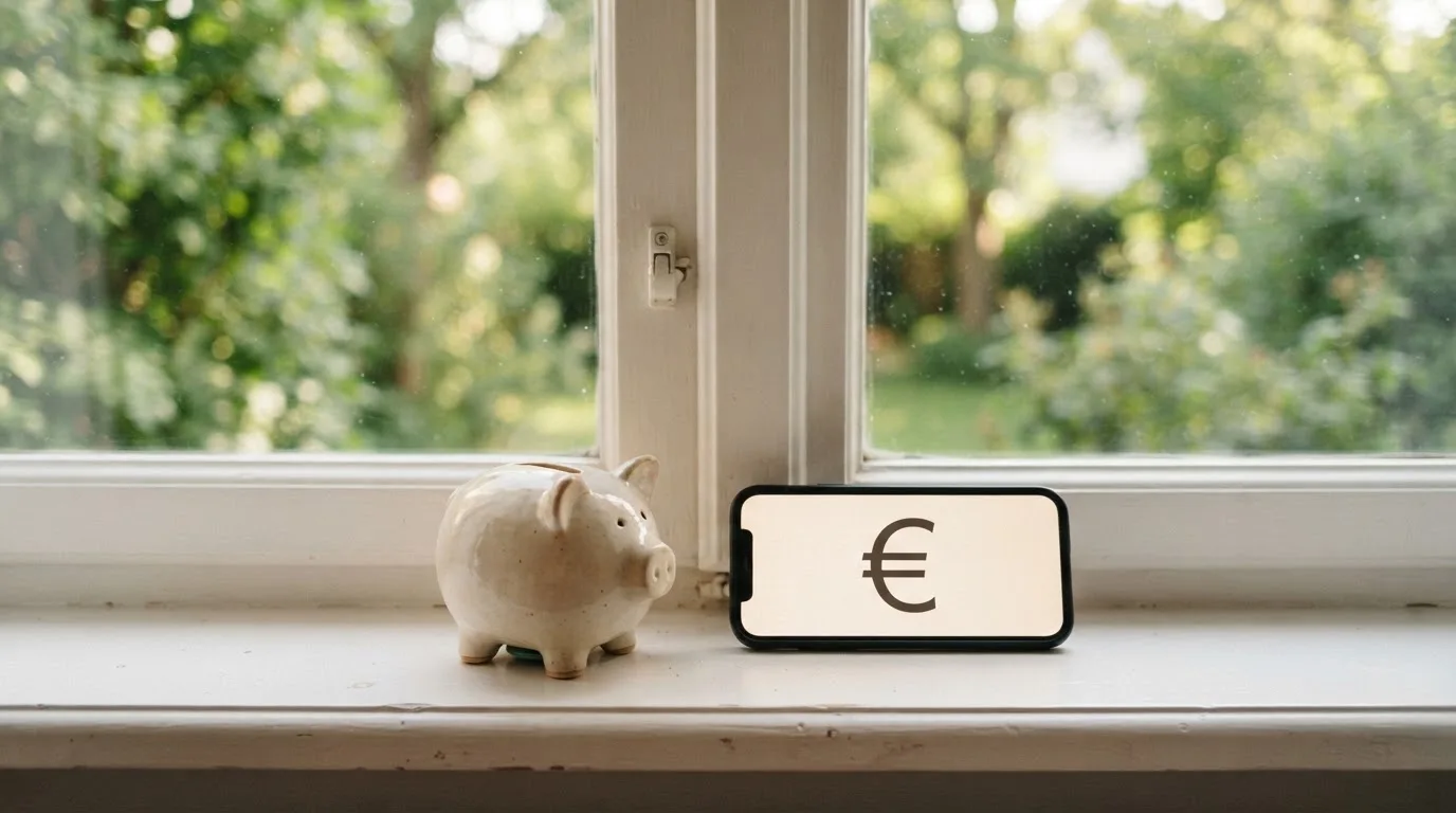 Eine kleine Spardose aus Keramik steht neben ein paar Euromünzen auf einem Fensterbrett im Tageslicht.