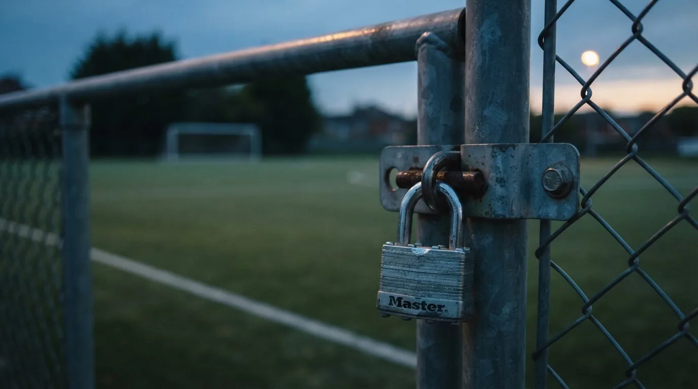 Ein Vorhängeschloss hängt an einem Metalltor in der Dämmerung, im Hintergrund unscharf ein leerer Fußballplatz.