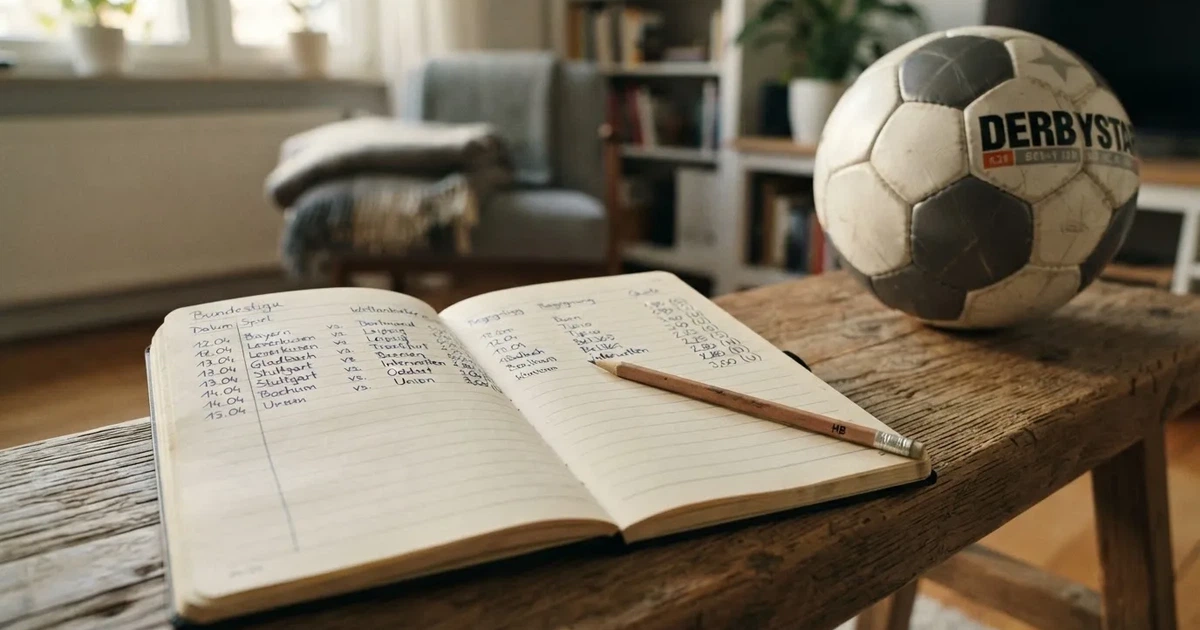 Ein Notizbuch mit handschriftlichen Zahlenkolonnen und ein Bleistift liegen neben einem Fußball auf einer Holzbank.