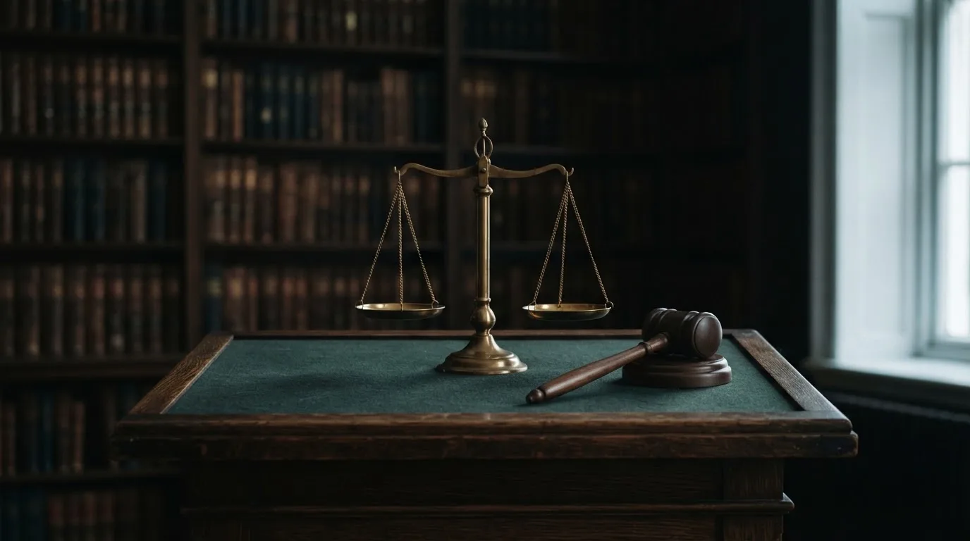 Eine Balkenwaage aus Messing steht neben einem hölzernen Richterhammer auf einem dunklen Pult, im Hintergrund ein unscharfes Bücherregal.