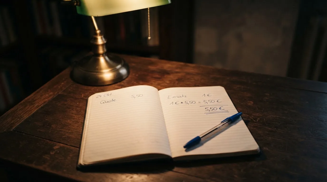 Ein Taschenrechner und ein aufgeschlagenes Notizbuch mit handschriftlichen Zahlenreihen liegen unter einer Schreibtischlampe.