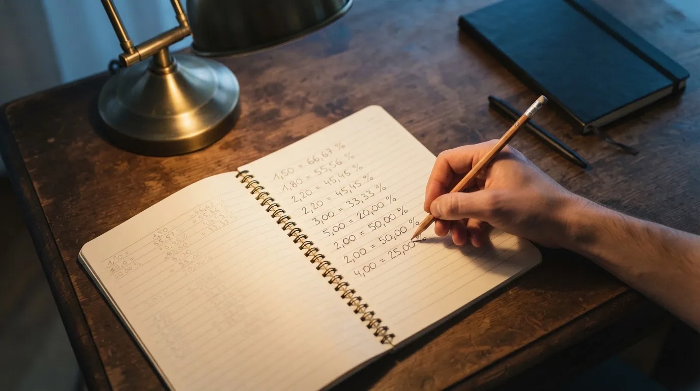 Ein Taschenrechner und ein aufgeschlagenes Notizbuch mit handschriftlichen Zahlenreihen liegen unter einer Schreibtischlampe.