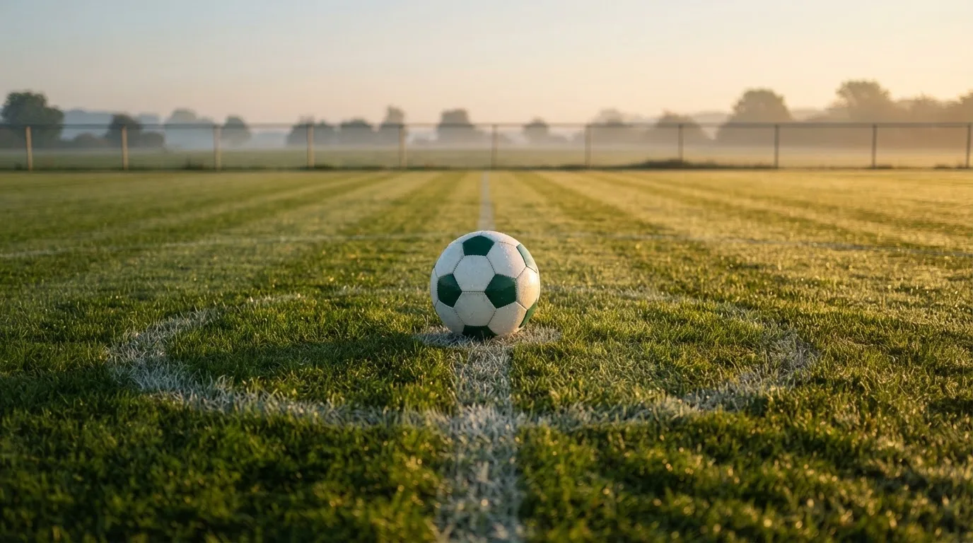 Ein Fußball liegt allein auf dem Anstoßpunkt eines leeren Rasenplatzes im Morgenlicht, am Rand ein niedriger Zaun.