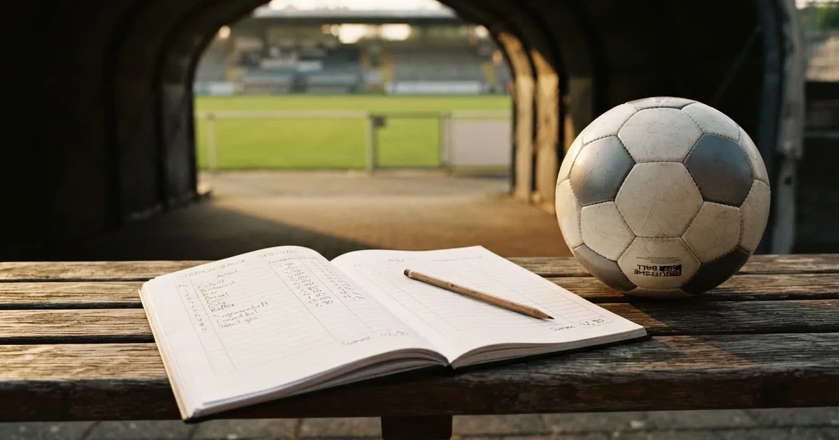 Ein Notizbuch mit handschriftlichen Zahlenkolonnen und ein Bleistift liegen neben einem Fußball auf einer Holzbank.