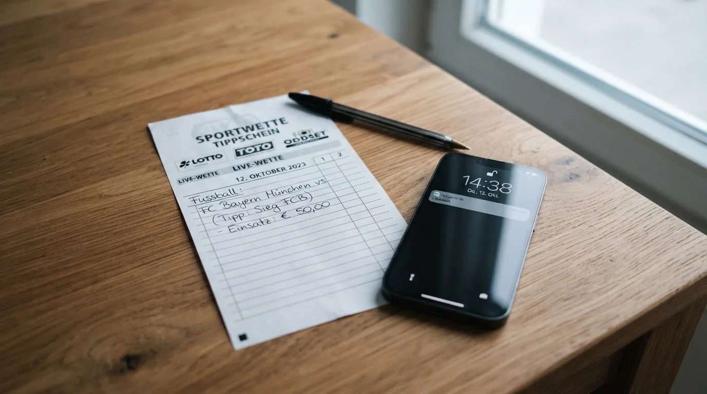 Ein leerer Papier-Wettschein und ein Kugelschreiber liegen neben einem Smartphone mit dunklem Display auf einem Tisch am Fenster.