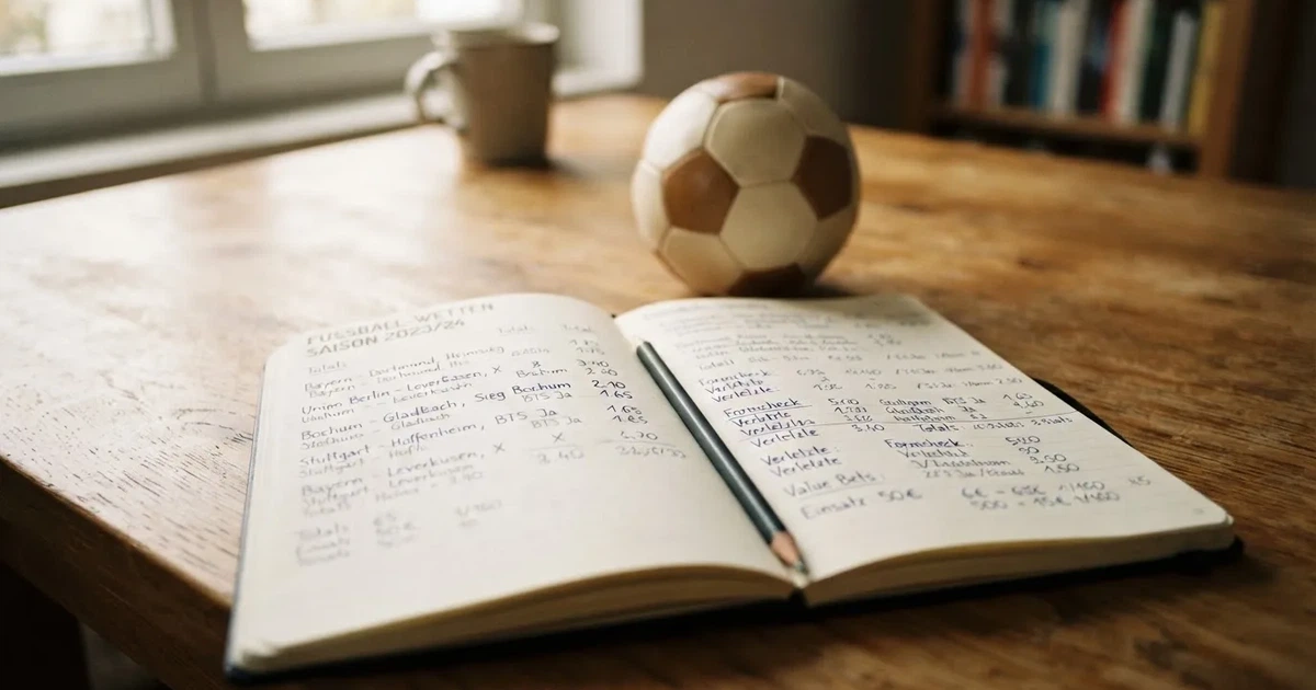 Ein Notizbuch mit handschriftlichen Notizen und einem Bleistift liegt auf einem Holztisch, daneben ein kleiner Fußball im weichen Tageslicht.