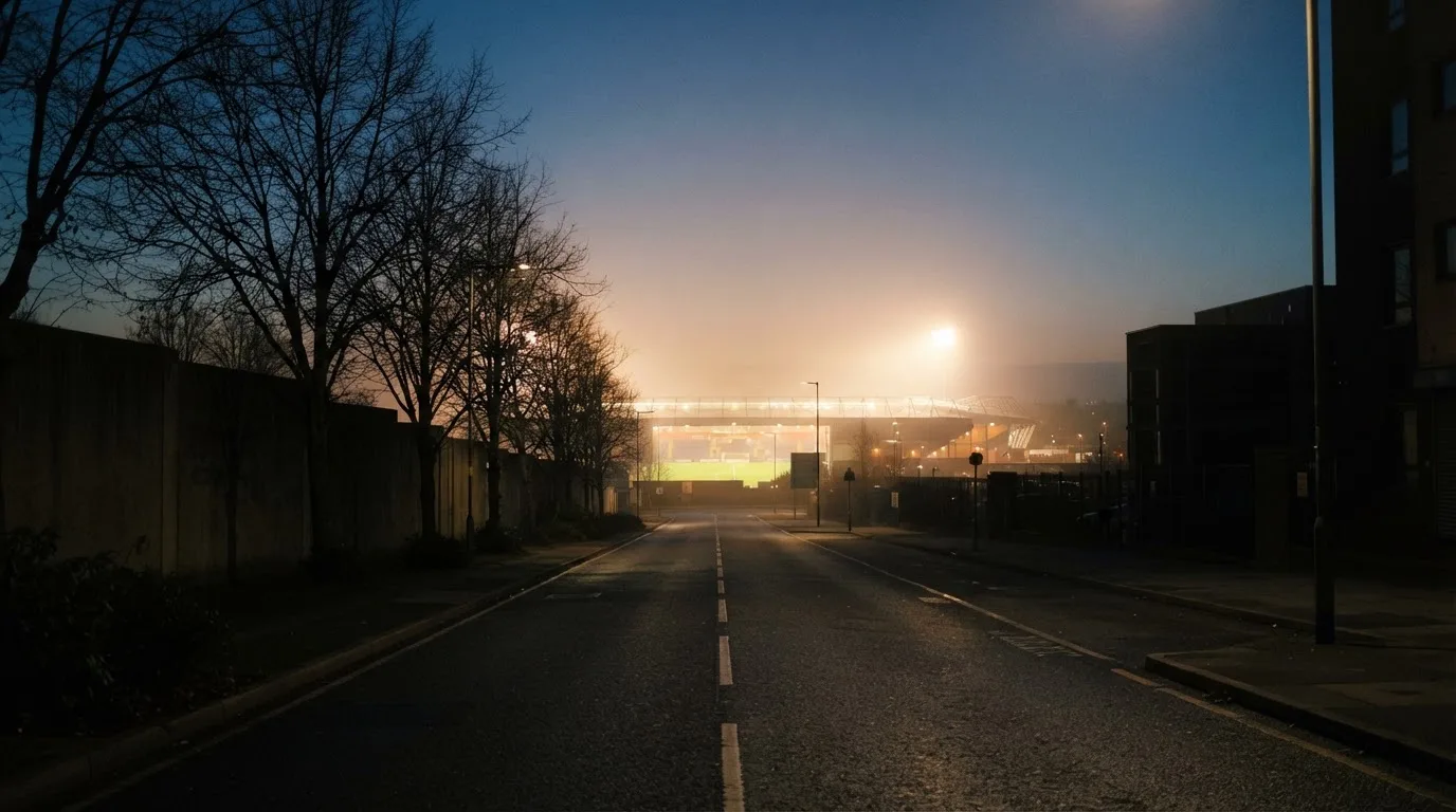 Ein Stadion unter Flutlicht aus der Ferne gesehen, davor eine leere Straße in der Abenddämmerung mit leichtem Dunst.