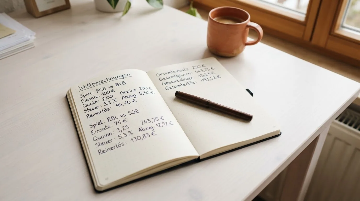 Ein Notizbuch mit handschriftlichen Rechnungen und ein Taschenrechner liegen auf einem hellen Schreibtisch neben einer Kaffeetasse.