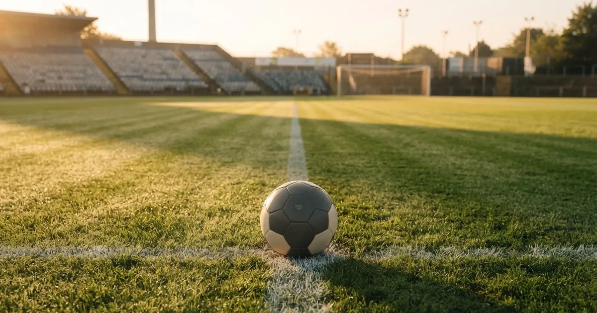 Ein Fußball liegt auf dem Anstoßpunkt eines Rasenplatzes, dahinter leere Tribünen im Licht des frühen Morgens.