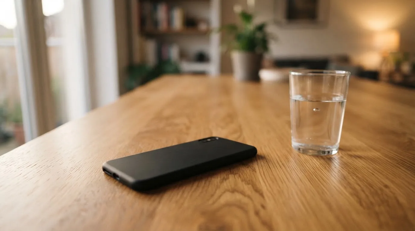 Ein Smartphone liegt mit dem Display nach unten auf einem Holztisch neben einem Glas Wasser, Abendlicht fällt durch ein Fenster.