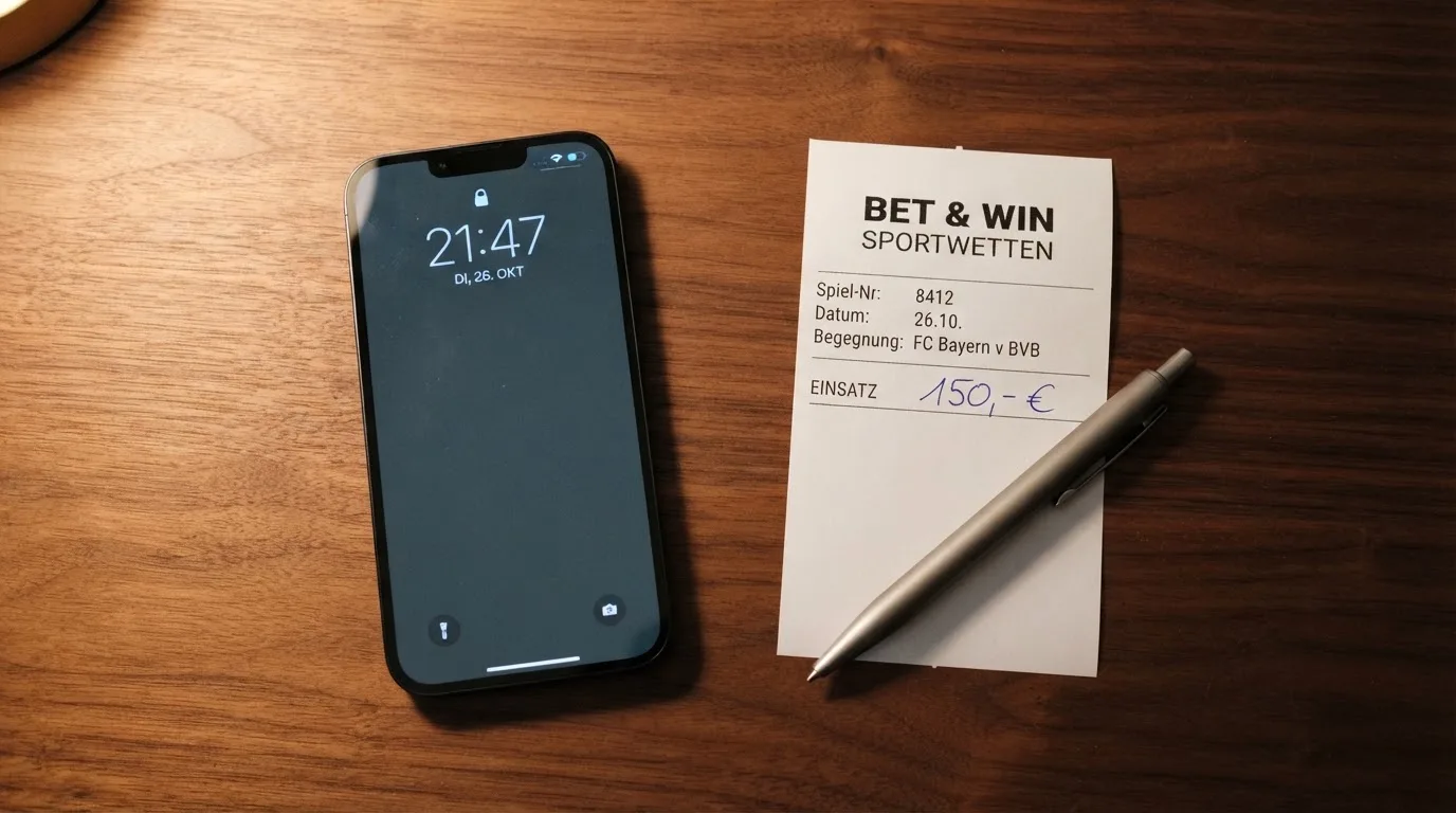 Ein Smartphone mit dunklem Display liegt neben einem leeren Papier-Wettschein und einem Stift auf einem Holztisch.