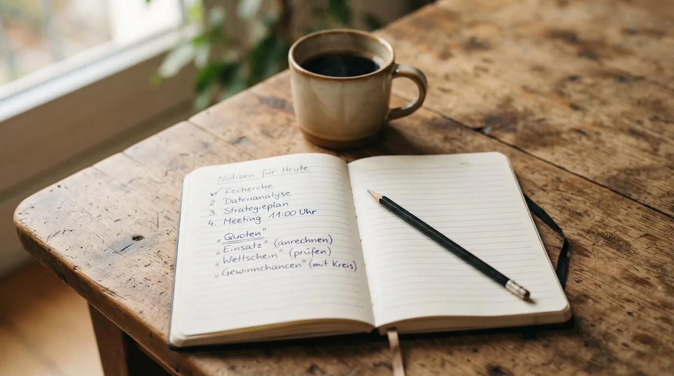 Ein Notizbuch mit handschriftlichen Notizen und einem Bleistift liegt auf einem Tisch, daneben steht eine Kaffeetasse im Morgenlicht.