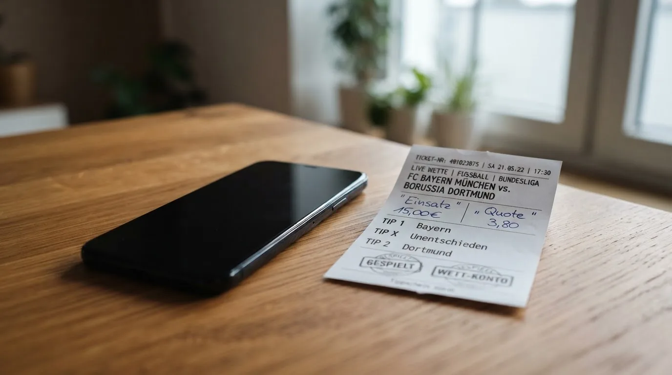 Ein Smartphone liegt mit dunklem Display auf einem Holztisch neben einem leeren Papier-Wettschein, Licht fällt von einem Fenster.