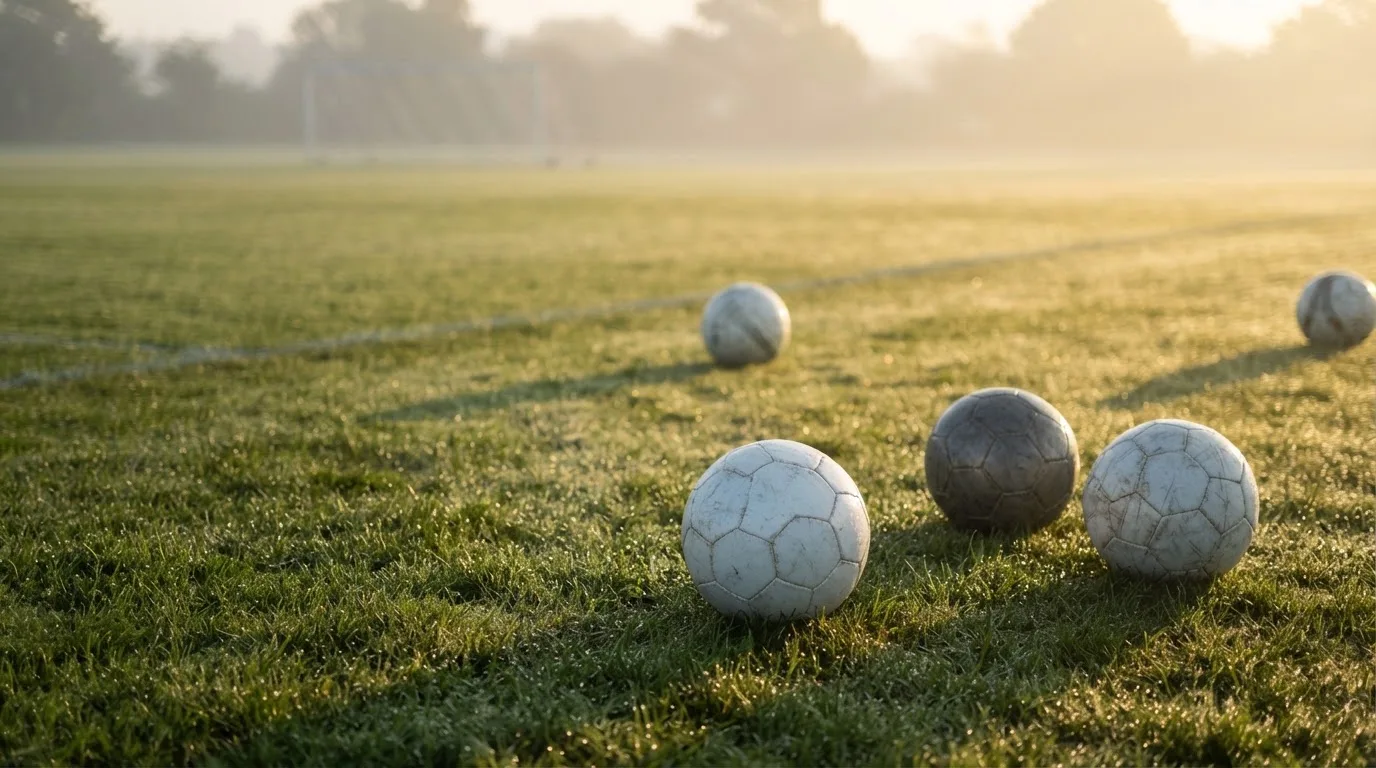 Mehrere Fußbälle liegen verstreut auf einem Rasenplatz am frühen Morgen, Tau glänzt auf dem Gras.