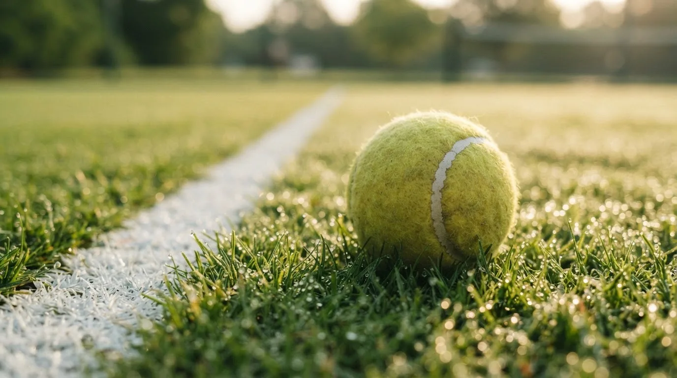 Ein Tennisball liegt auf frisch gemähtem Gras neben einer weißen Linie, Tautropfen glänzen im Gegenlicht.