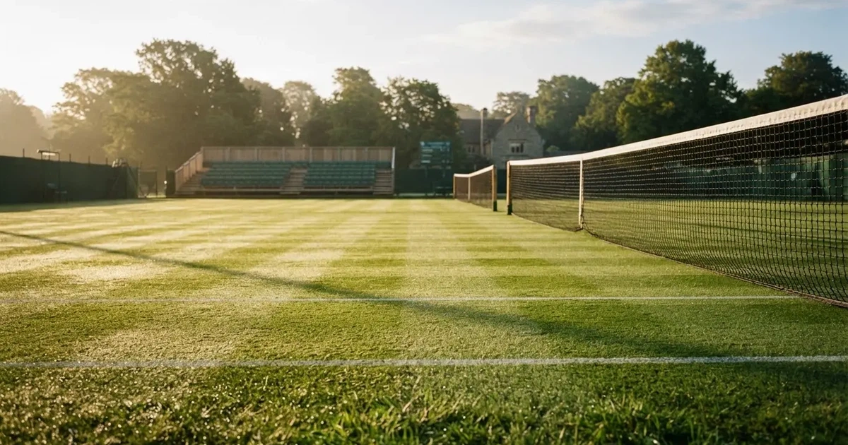 Ein Tennisplatz mit Rasenbelag im Morgenlicht, Netz und weiße Linien, im Hintergrund eine ruhige Tribüne.
