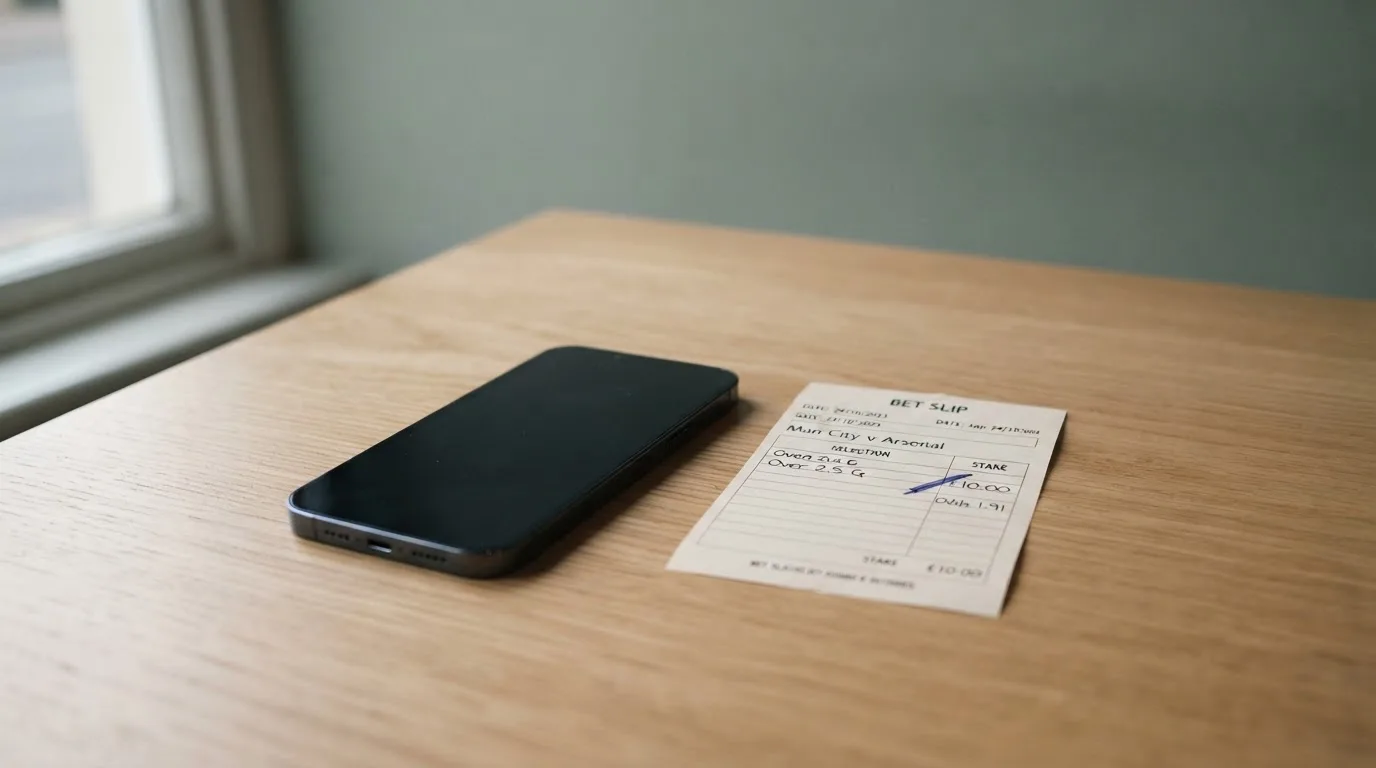 Ein Smartphone mit dunklem Display liegt neben einem leeren Papier-Wettschein auf einem Tisch am Fenster.