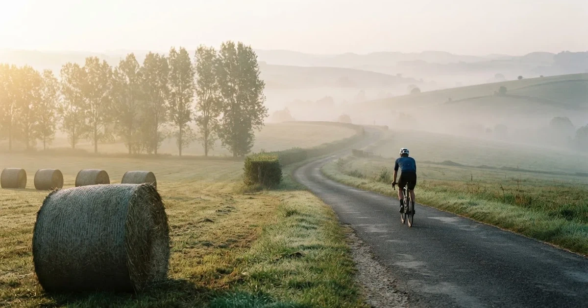 Eine Landstraße schlängelt sich durch Hügel im Morgennebel, am Straßenrand liegen Heuballen auf einem abgemähten Feld.