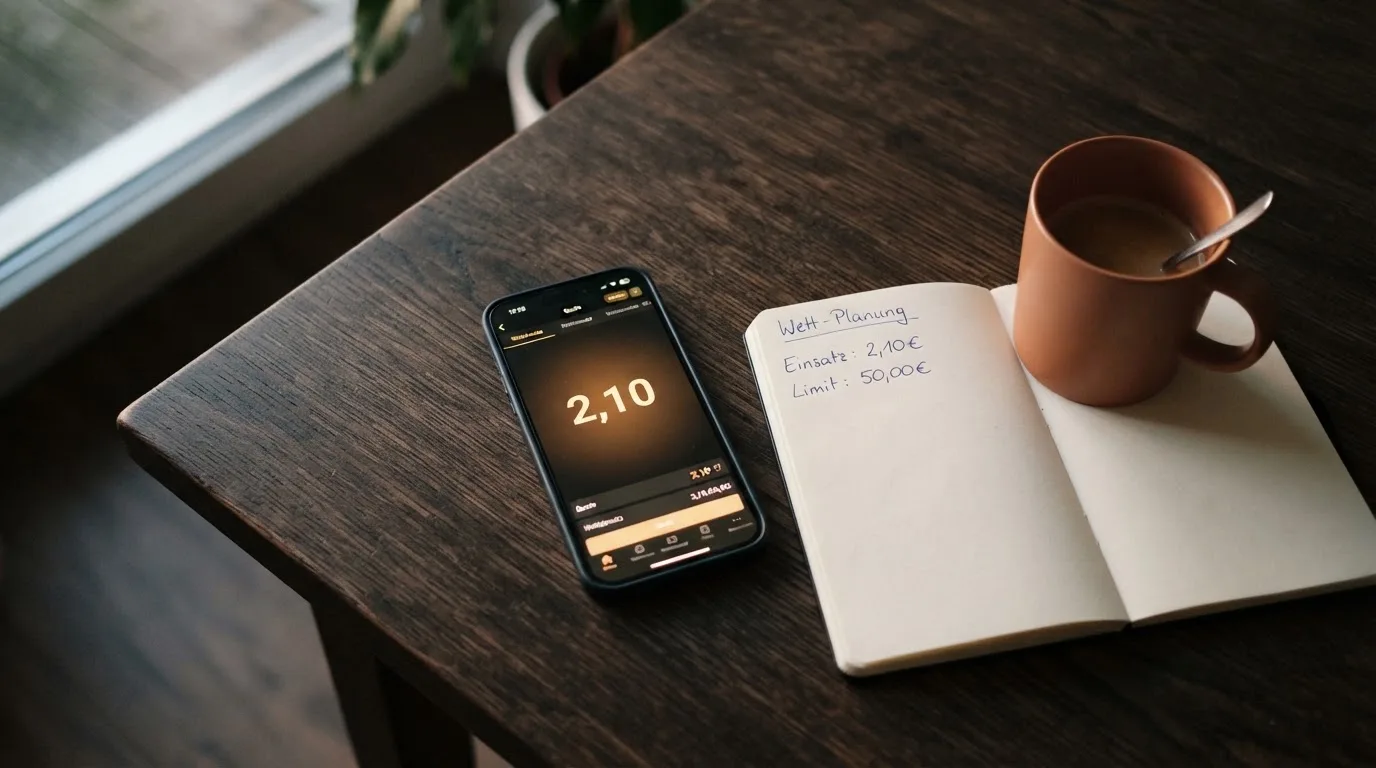 Ein Smartphone liegt auf einem Tisch neben einem Notizbuch mit handschriftlichen Notizen und einer Tasse Kaffee.