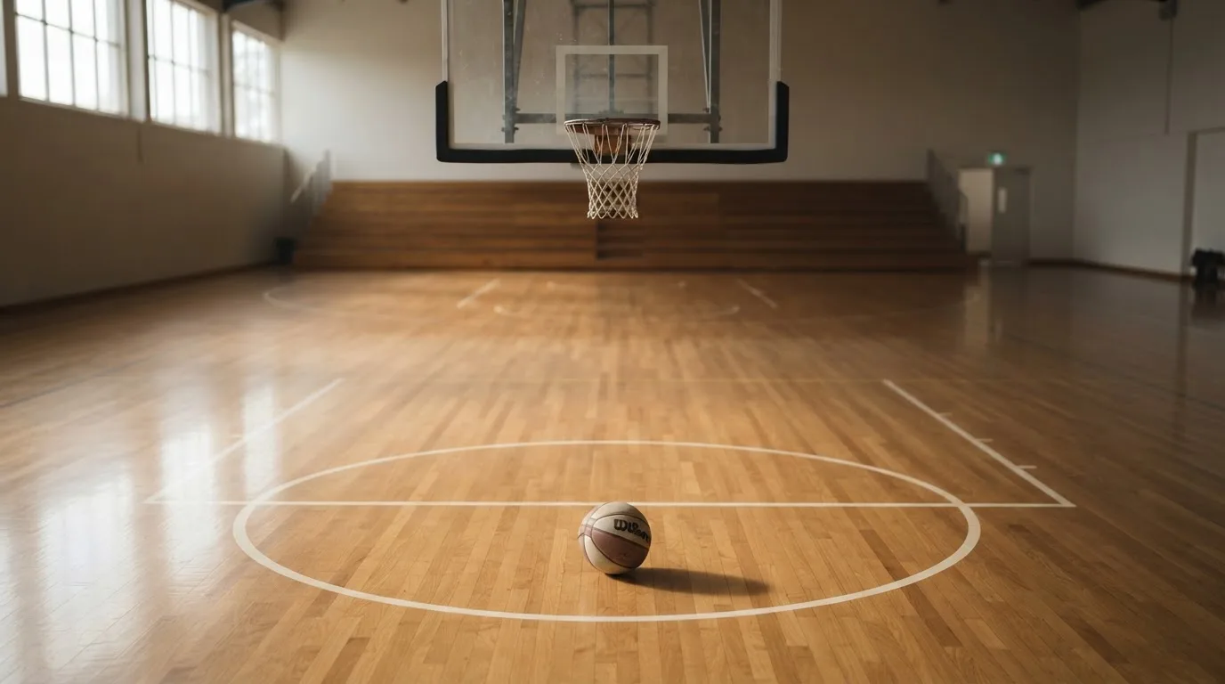 Ein Basketballkorb in einer leeren Halle, der Ball liegt unter dem Brett auf dem Parkett.