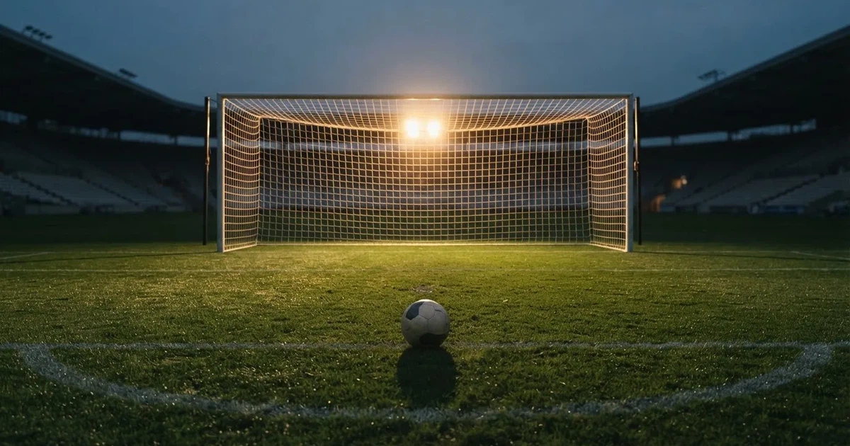 Ein Fußballtor mit Netz im Gegenlicht auf einem leeren Platz am Abend, davor ein Ball auf dem Rasen.