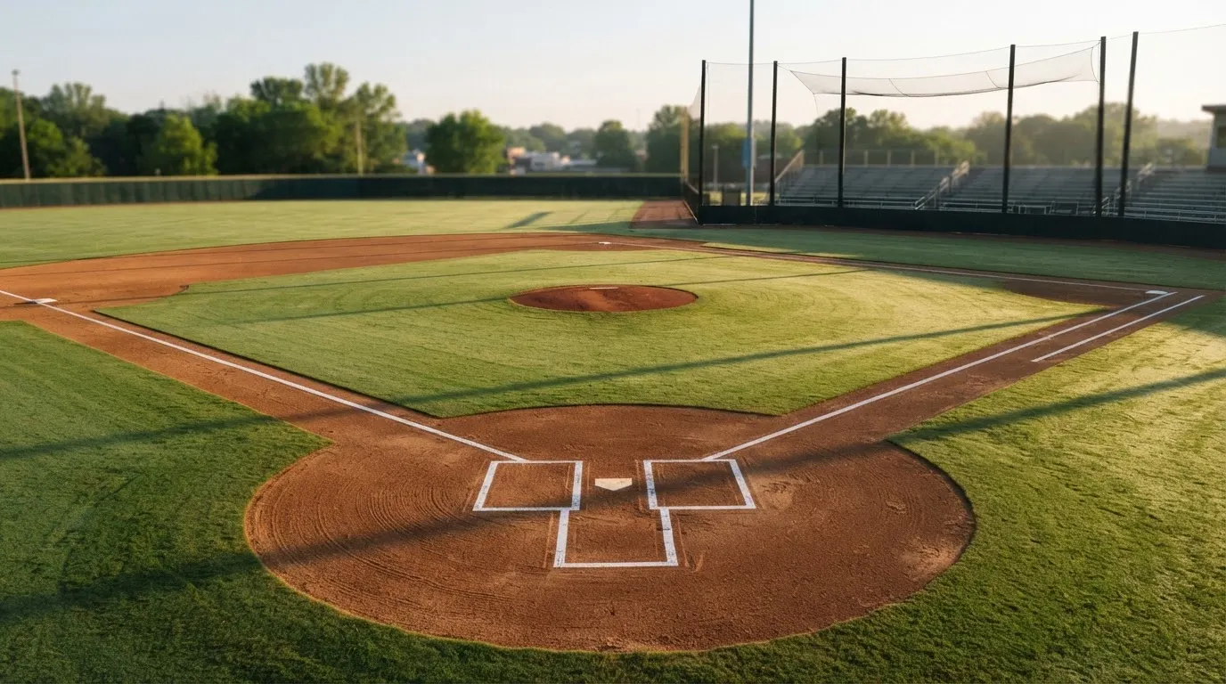 Ein Baseballfeld mit leerem Infield im Morgenlicht, die Linien frisch gezogen, keine Spieler im Bild.