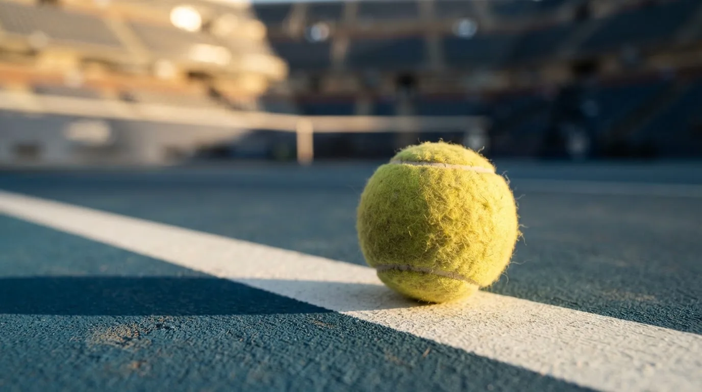 Ein Tennisball liegt in Nahaufnahme auf einer Grundlinie, dahinter verschwimmt ein leerer Platz in warmem Licht.