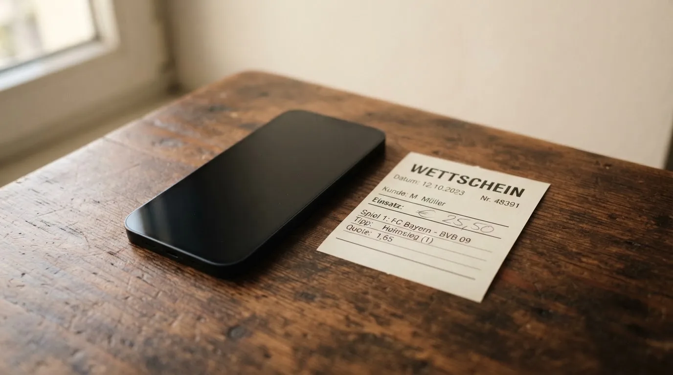 Ein Smartphone mit dunklem Display liegt neben einem leeren Papier-Wettschein auf einem Tisch, Licht fällt von der Seite.