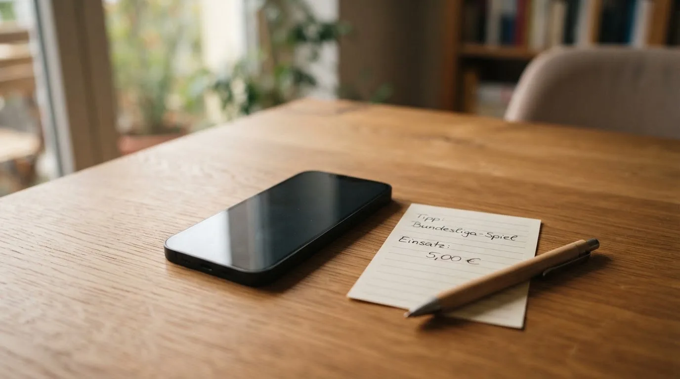 Ein Smartphone liegt mit dunklem Display neben einem leeren Papier-Wettschein und einem Stift auf einem Holztisch.