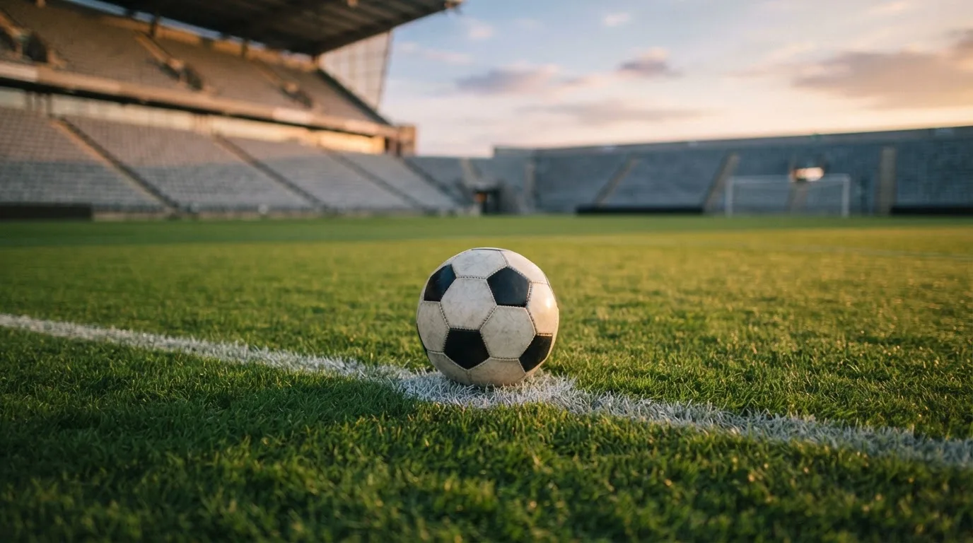 Ein Fußball liegt auf dem Anstoßpunkt eines Rasenplatzes, dahinter eine leere Tribüne im Abendlicht.