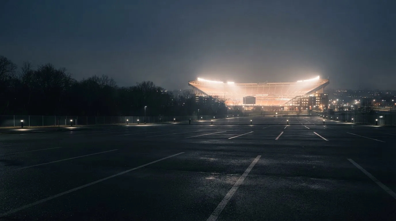 Ein Stadion unter Flutlicht aus der Ferne gesehen, davor ein stiller Parkplatz bei Nebel.