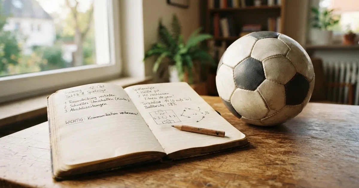 Ein Notizbuch mit handschriftlichen Notizen und einem Bleistift liegt auf einem Holztisch, daneben ein kleiner Fußball im Tageslicht.
