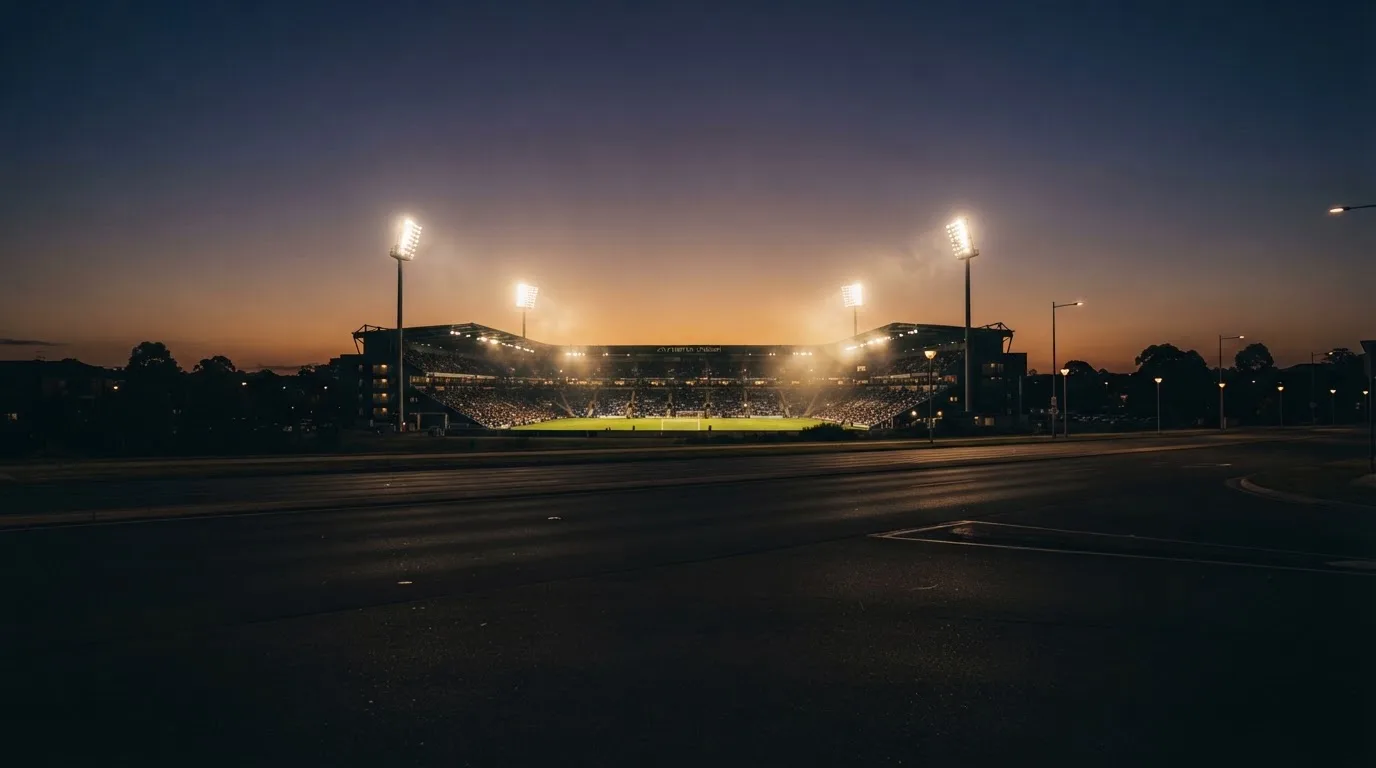 Ein Stadion unter Flutlicht aus großer Entfernung, davor eine leere Straße in der Abenddämmerung.