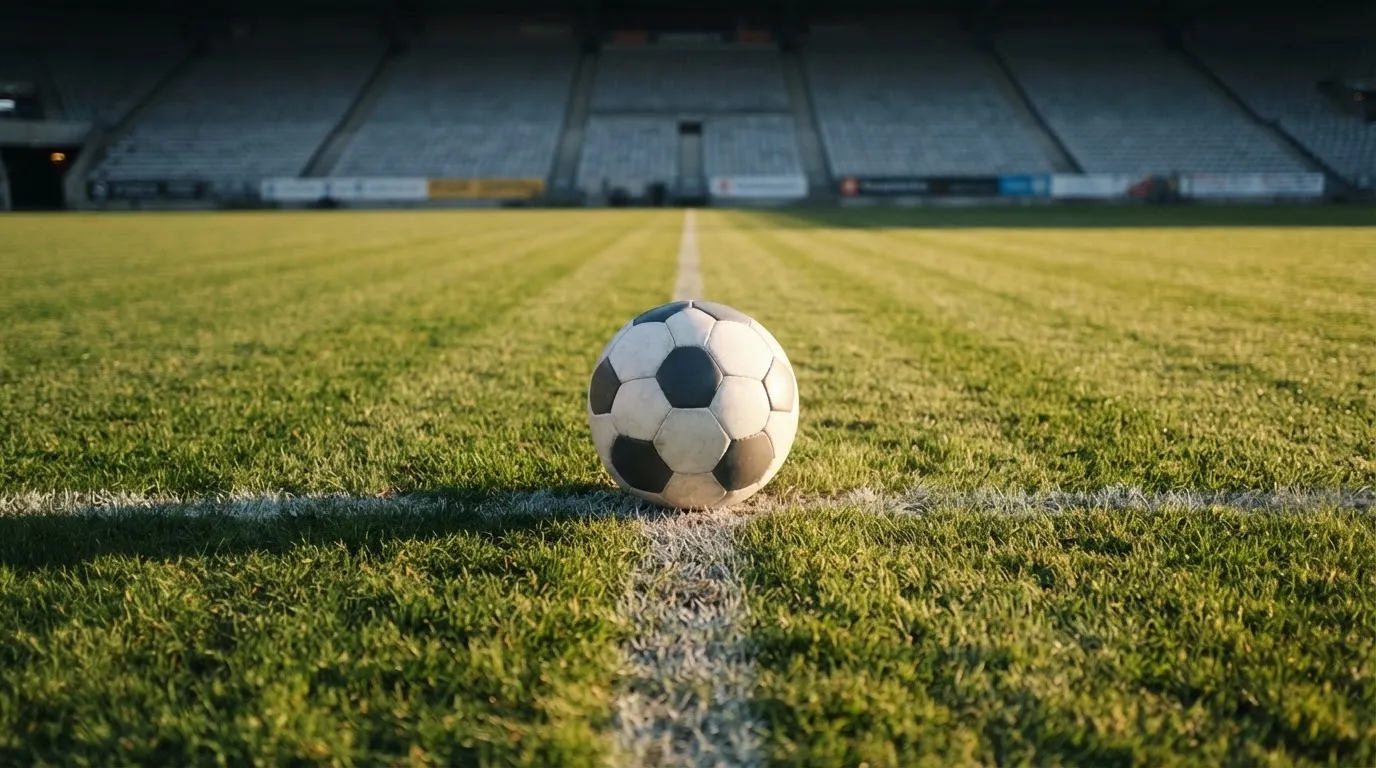 Ein Fußball liegt auf dem Anstoßpunkt eines Rasenplatzes, dahinter eine leere Tribüne im Abendlicht.